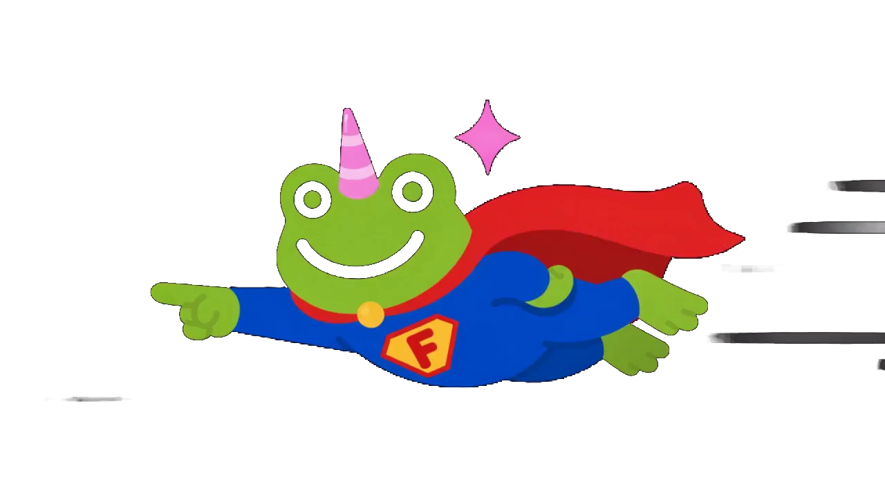 Froggo flying to the rescue in a red superhero cape